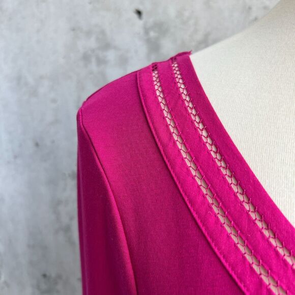 Lauren by RL Fuchsia Pink Contrast Trim Scoop Neck 3/4 Sleeve Top-Size L - Picture 2 of 10
